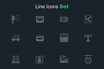 Set line Cable car, High-speed train, Online ticket booking, End of railway tracks, Train traffic light, station board, Coal wagon and Trolley suitcase icon. Vector