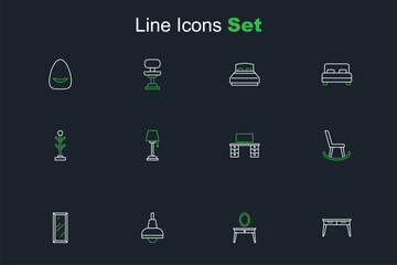 Set line Office desk, Dressing table, Lamp hanging, Big full length mirror, Armchair, Floor lamp and Coat stand icon. Vector