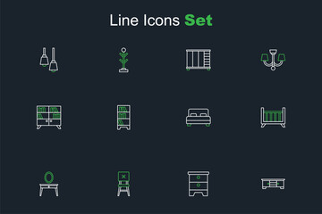 Set line TV table stand, Furniture nightstand, Chair, Dressing, Baby crib cradle bed, Big, Lamp hanging and Library bookshelf icon. Vector