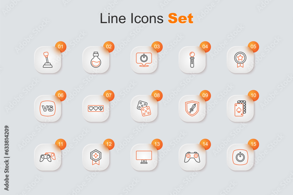 Poster set line power button, game controller or joystick, computer monitor, rating with medal, playing car
