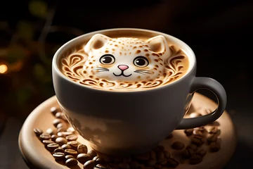 Fotobehang cup of coffee with beans, latte art - Product shoot, concept art, cat, wildlife, animal © Lisanne