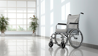 Fototapeta na wymiar empty wheelchair standing in white hospital hallway.
