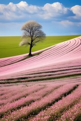 Field waves with blossoming trees in the spring. Generative AI