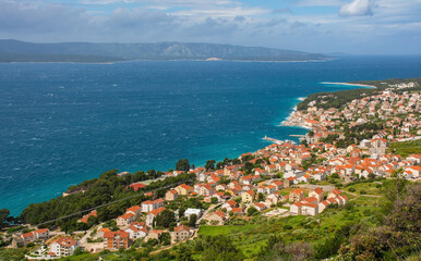 A view of the waterfront of Bol town on Brac Island, Croatia. Taken from the hills overlooking the town