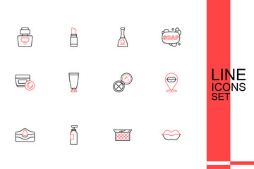 Set line Smiling lips, Makeup powder with mirror, Bottle of shampoo, Acne, Cream lotion cosmetic tube and icon. Vector
