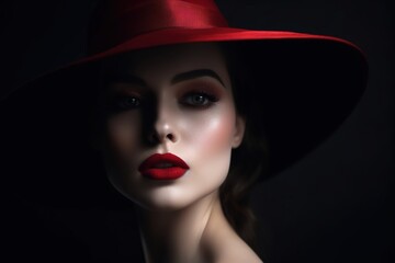 An elegant portrait of a woman hidden by a black hat. model with red lips and eye makeup on a dark background. Generative AI