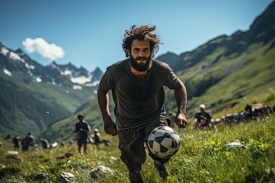An exhilarating game of football taking place in an unusual and beautiful location