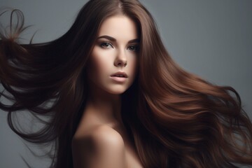 Fototapeta premium Beautiful long hair. Beauty with luxurious straight brown hair. Beautiful model on a white background.Generative AI