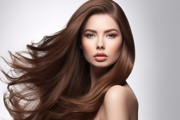 Beautiful long hair. Beauty with luxurious straight brown hair. Beautiful model on a white background.Generative AI