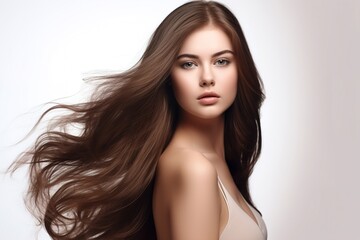 Naklejka premium Beautiful long hair. Beauty with luxurious straight brown hair. Beautiful model on a white background.Generative AI