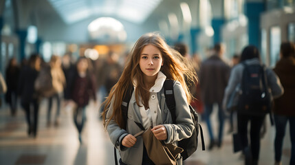 portrait of a girl walking in the hallway of school. 