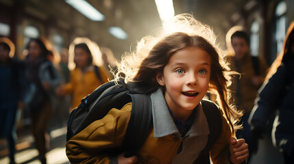 portrait of a girl running in the hallway of school. 