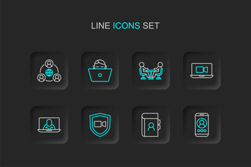Naklejka premium Set line Video chat conference, Phone book, Meeting, Freelancer and icon. Vector