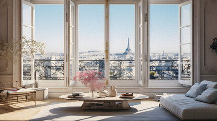 Elegance Overlooking Paris: Minimalistic Luxury Living Room with Eiffel Tower View - generative ai