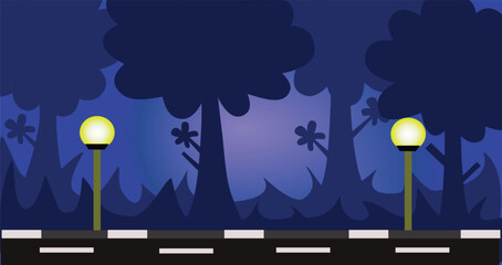 lonely night forest road background 2d Cartoon vector eps
