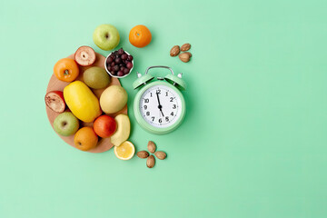 A clock surrounded by fruits and vegetables on a green background. Generative ai