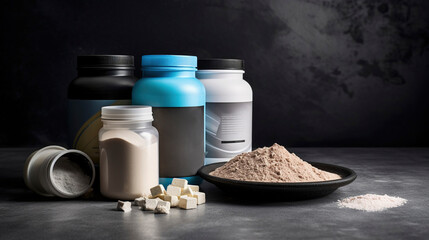 Sports nutrition supplements and chemistry for bodybuilding in gym.
