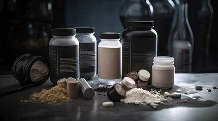 Sports nutrition supplements and chemistry for bodybuilding in gym.