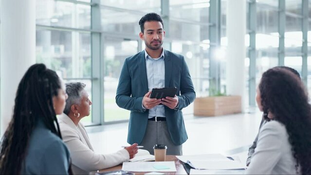 Business people, meeting and speaker on tablet for presentation, manager update and financial feedback or proposal. Corporate leader speaking to employees or clients listening to speech or sales news