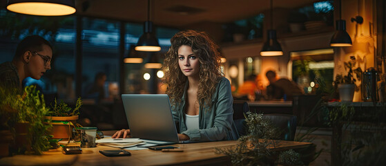 Fototapeta na wymiar portrait of creative caucasian woman in casual wear working and present discussing with laptop and paper note on wood table in office