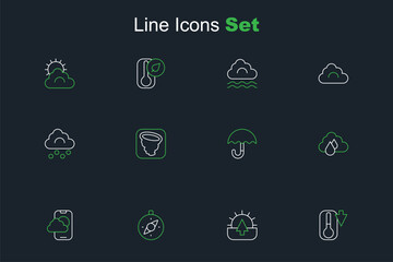 Set line Thermometer, Sunrise, Compass, Weather forecast app, Cloud with rain, Umbrella, Tornado and Hail cloud icon. Vector