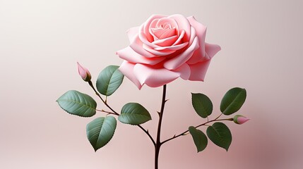 a single pink rose with green leaves on a pink background.  generative ai