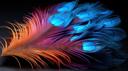  a close up of a colorful feather on a black background.  generative ai