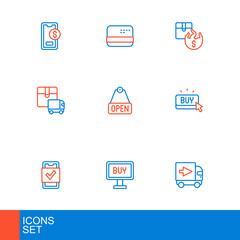 Set line Delivery cargo truck, Buy button, Mobile shopping, Hanging sign with text Open, Hot price and Credit card icon. Vector