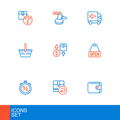 Set line Wallet, Return cardboard box, Stopwatch percent discount, Hanging sign with text Open, Shopping basket, Tax, Delivery cargo truck and Auction hammer icon. Vector