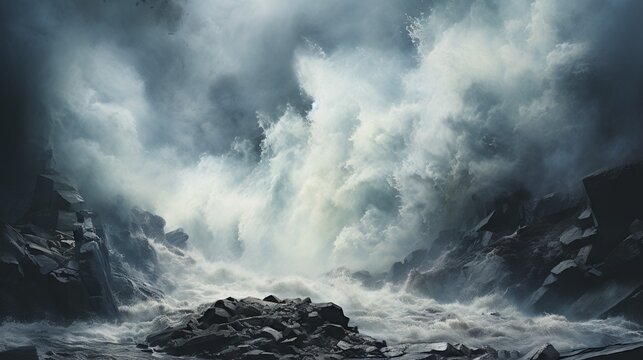  a painting of a large wave crashing over rocks in the ocean.  generative ai
