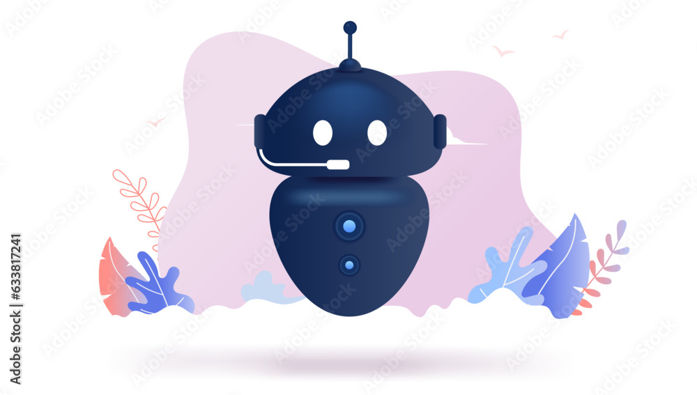 Aufkleber Chatbot character avatar - Black robot with microphone flying. Semi flat design on white background