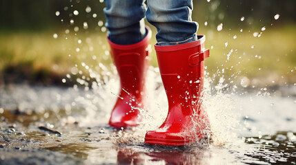 Child wearing red rain boots jumping into a puddle. Close up - obrazy, fototapety, plakaty