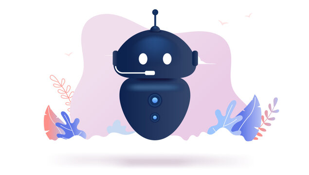 Chatbot character avatar - Black robot with microphone flying. Semi flat design on white background