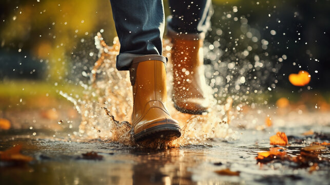 feet in rubber boots rain puddle, fun in the rain, lifestyle