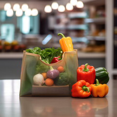 shopping ecological bags with vegetables and fruits.Background