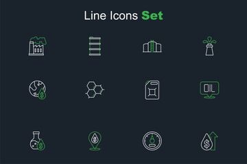 Set line Oil price increase, Motor gas gauge, drop with dollar symbol, petrol test tube, Word oil, Canister for gasoline, Molecule and icon. Vector