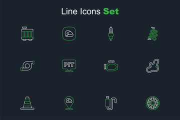 Set line Alloy wheel for car, Car muffler, Racing helmet, Traffic cone, Timing belt kit, Check engine, Pit stop and Automotive turbocharger icon. Vector
