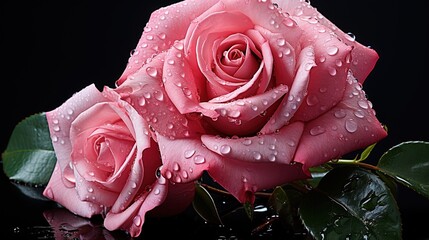  two pink roses with water droplets on them on a black background.  generative ai