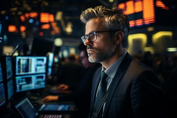 In the midst of a cinematic, bustling stock exchange floor, a singularly focused trader navigates the chaos, finding clarity in the storm of numbers.