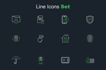 Set line Firewall, security wall, Safe, Lock, Umbrella, Fingerprint, House under protection, Bomb and icon. Vector