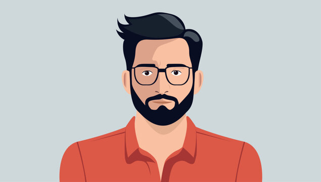 Man face and upper body - Vector portrait illustration of casual person with beard and glasses. Front view, flat design