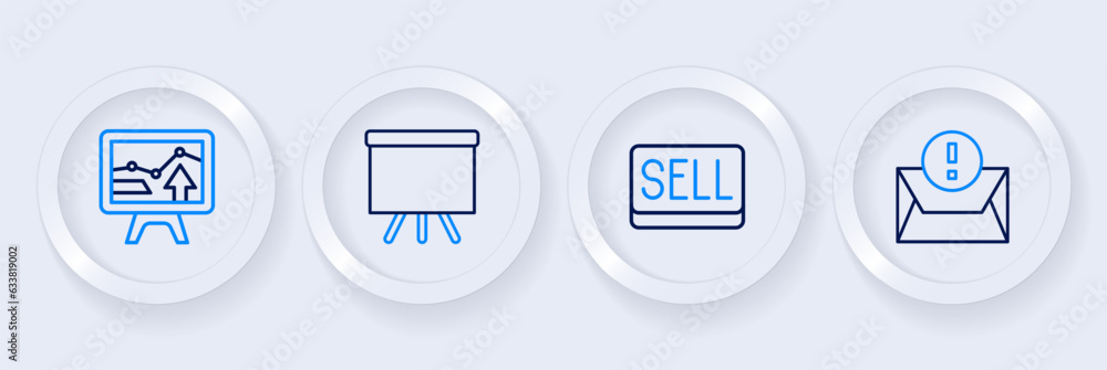Poster set line envelope, sell button, chalkboard and monitor with graph chart icon. vector