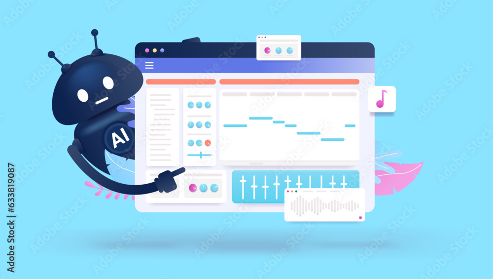 Poster ai music - vector illustration of artificial intelligence robot making music on computer with midi s