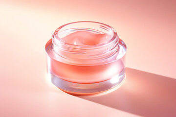 Close-up of a pink moisturizer jar. A beauty product emphasizing care and wellness.