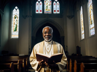 Naklejka premium Digital portrait of an elderly man, a Catholic priest reads the Bible in the background of the stained glass windows in a Catholic church