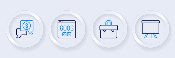 Set line Chalkboard, Briefcase, Monitor with dollar and Business negotiations icon. Vector
