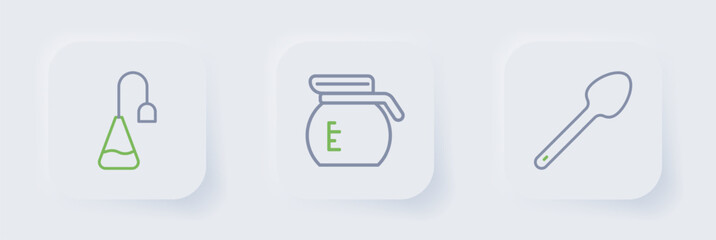 Set line Teaspoon, Coffee pot and bag icon. Vector