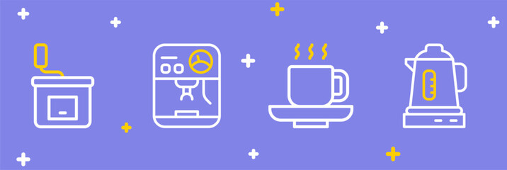Set line Electric kettle, Coffee cup, machine and Manual coffee grinder icon. Vector