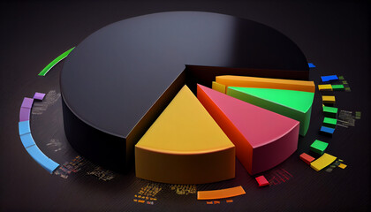 3d rendering of pie chart in black background with colorful rainbow bars, 3d rendering of pie chart in Black background with business charts and graphs, Ai generated image 