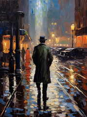 Urban Impression: New Yorker Gentleman on City Street - generative ai impressionist painting - obrazy, fototapety, plakaty